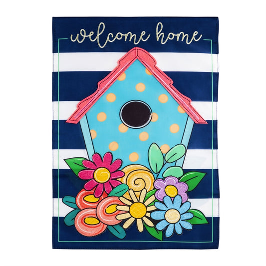 Welcome Home Birdhouse Applique House Flag; Polyester 28"x44"