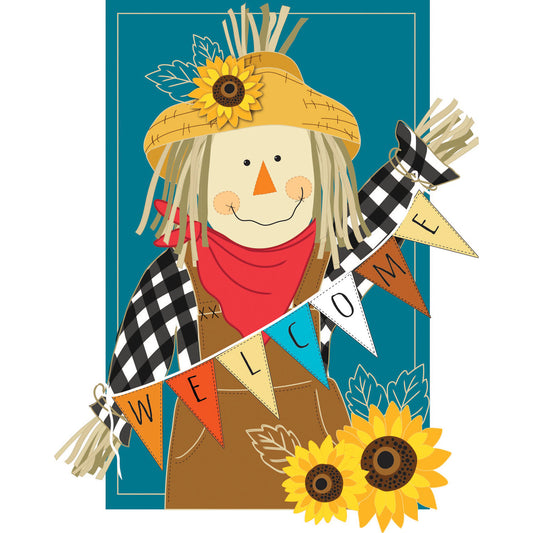 Fall Scarecrow Welcome Applique House Flag; Polyester 28"x44"