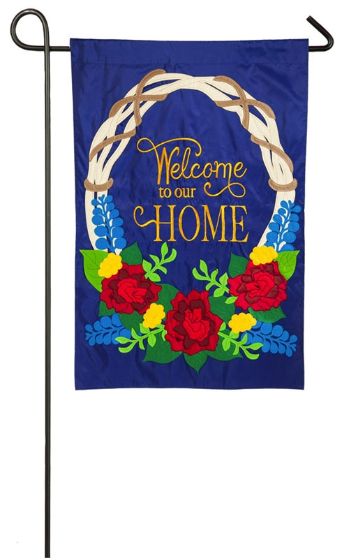 Welcome to Our Home Wreath Applique Garden Flag; Polyester 12.5"x18"