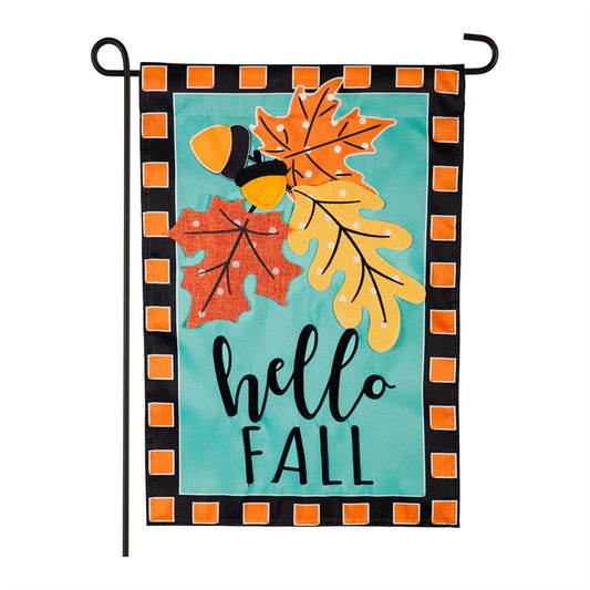 "Hello Fall Leaves" Applique Seasonal Garden Flag; Polyester