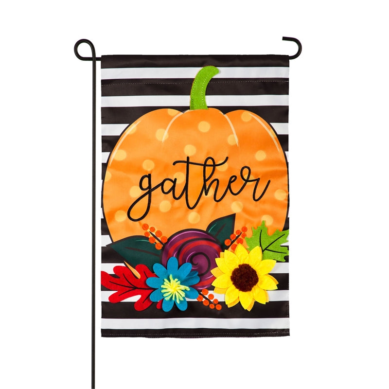 Striped Gather Pumpkin Applique Seasonal Garden Flag; Polyester