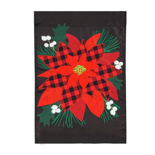 Buffalo Check Poinsettia Applique Garden Flag; Polyester 12.5"x18"