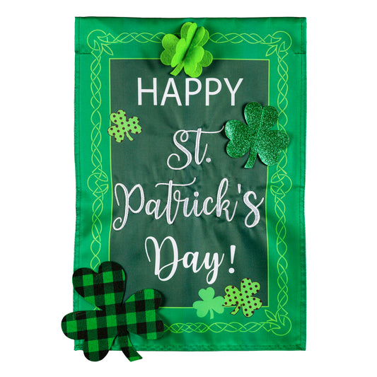 St. Patrick's Patterned Shamrocks Applique Garden Flag; Polyester 12.5"x18"