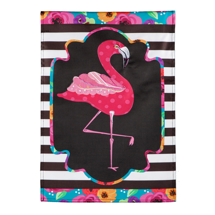 Flamingo Stripes and Flowers Applique Garden Flag; Polyester 12.5"x18"
