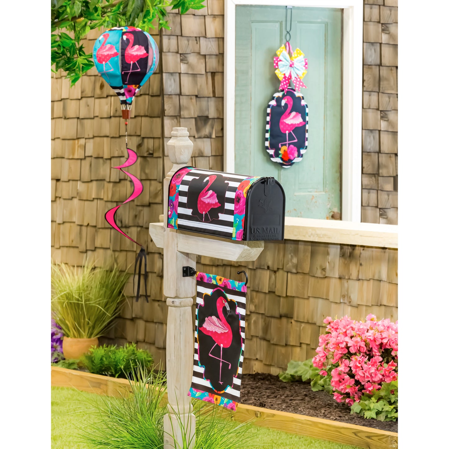 Flamingo Stripes and Flowers Applique Garden Flag; Polyester 12.5"x18"