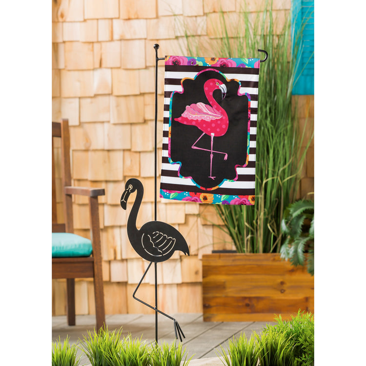 Flamingo Stripes and Flowers Applique Garden Flag; Polyester 12.5"x18"