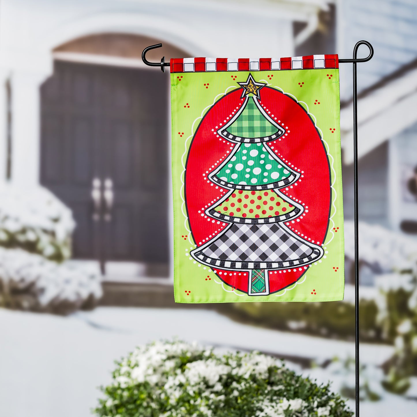 Check & Dots Christmas Tree Applique Garden Flag; Polyester 12.5"x18"