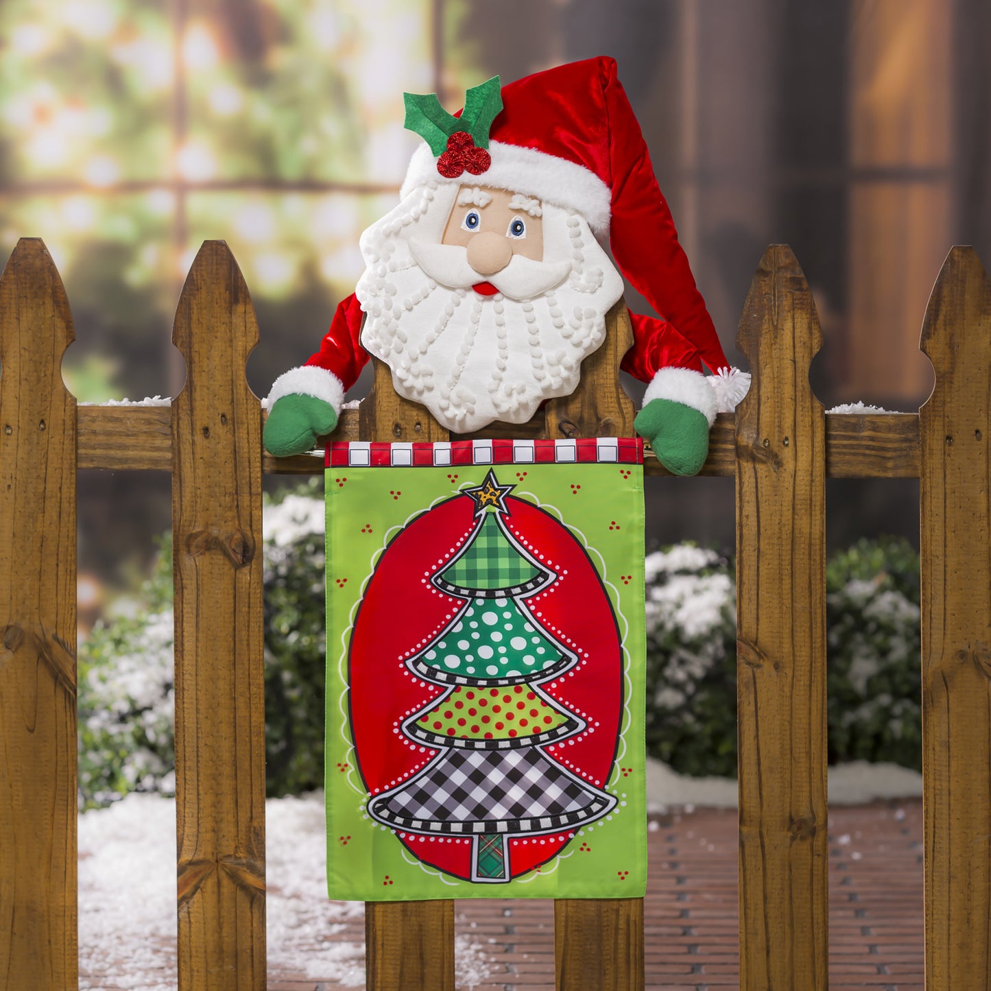 Check & Dots Christmas Tree Applique Garden Flag; Polyester 12.5"x18"