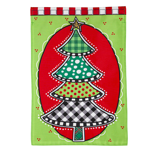 Check & Dots Christmas Tree Applique Garden Flag; Polyester 12.5"x18"