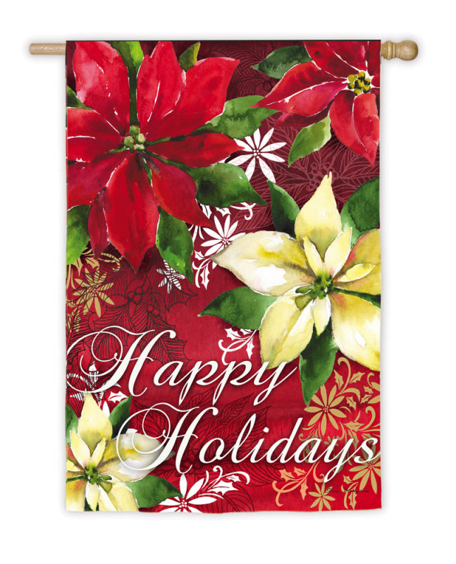 Happy Holidays Watercolor Poinsettia Printed Seasonal Estate Banner; Polyester