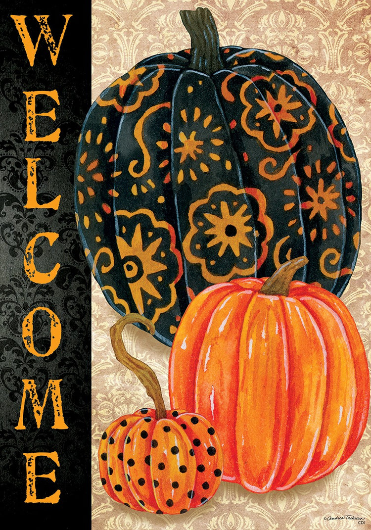 Elegant Fall Pumpkins Printed Seasonal House Flag; Polyester