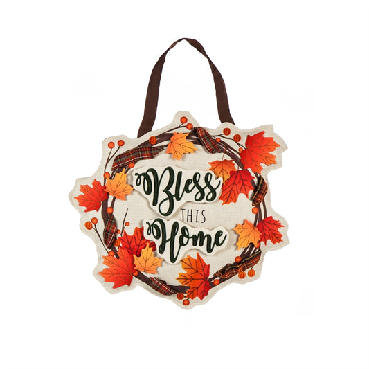 Bless this Home Fall Wreath Door Hanger; Burlap 19"Lx17"W