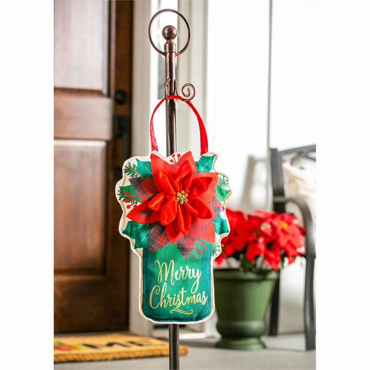 "Poinsettia Mason Jar" Door Hanger; Burlap 17"Lx13"W