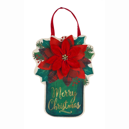 "Poinsettia Mason Jar" Door Hanger; Burlap 17"Lx13"W