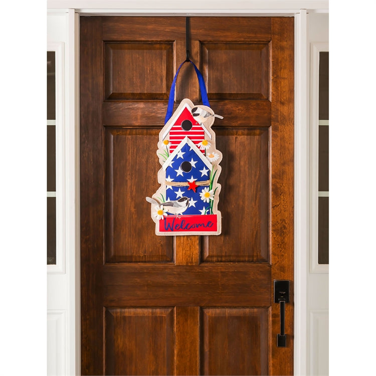 "Patriotic Birdhouses" Door Hanger; Burlap 22.5"Lx11"W