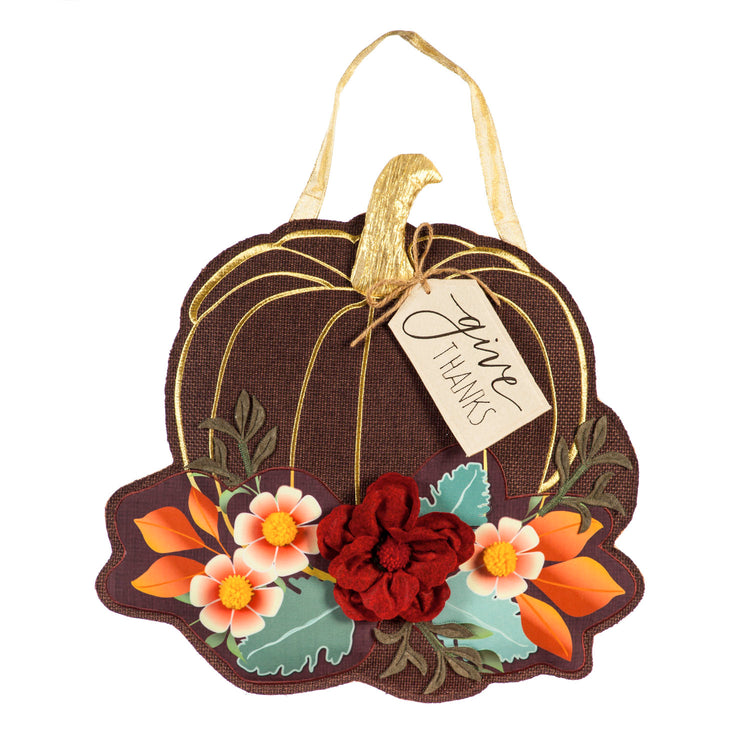 Give Thanks Floral Pumpkin Door Hanger; Burlap 19"Lx17"W