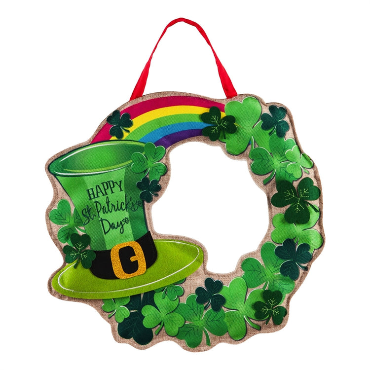 St.Patrick's Day Wreath Door Decor with Leprechaun Hat & Rainbow