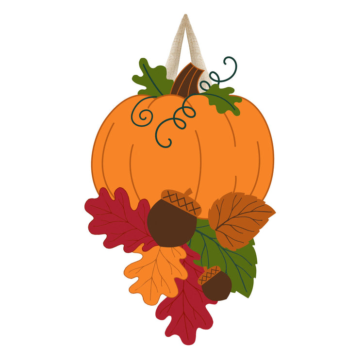 Fall Pumpkin and Leaves Door Hanger; Burlap 20"Lx14"W
