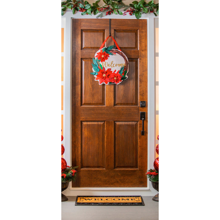 "Poinsettia Welcome Wreath" Door Hanger; Burlap 18"Lx17.5"W