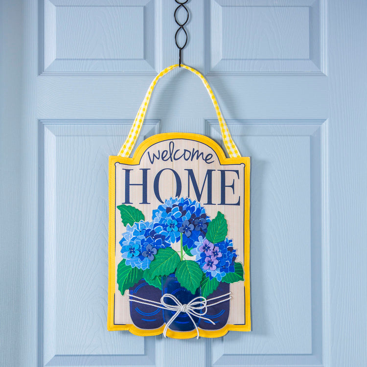 Welcome Home Hydrangeas Door Hanger; Burlap 19.75"Lx13.5"W