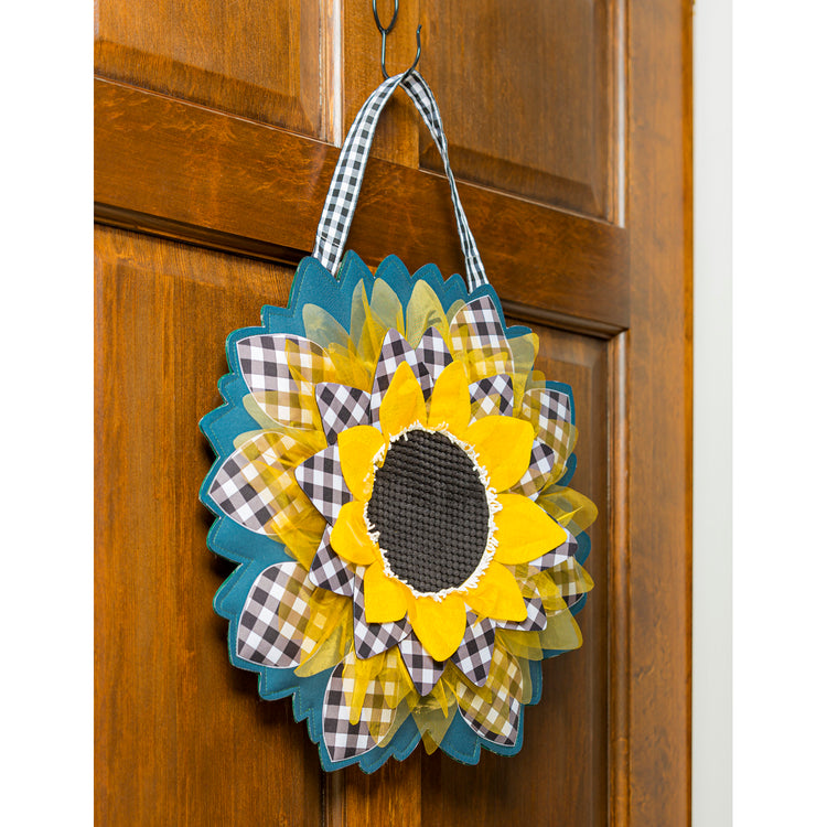 Sunflower with Checks Door Hanger; Burlap 18"Lx18.5"W