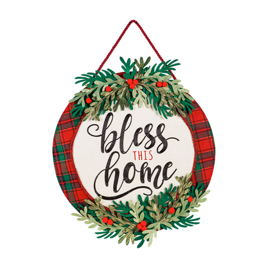 Bless this Home Plaid Door Hanger; Burlap 20"Lx20"W