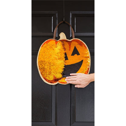 "Pumpkin Jack O' Lantern" Reversible Sequin Door Hanger; 17"Lx17"W