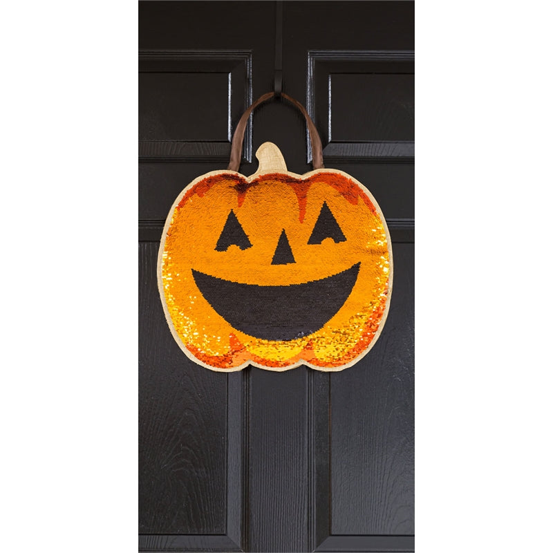 "Pumpkin Jack O' Lantern" Reversible Sequin Door Hanger; 17"Lx17"W