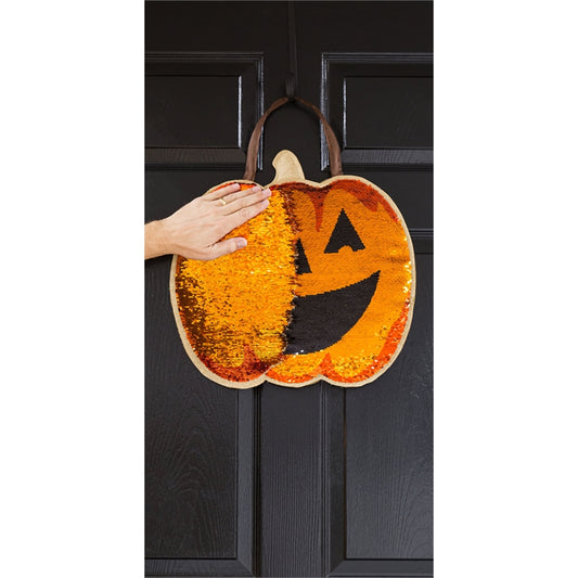 "Pumpkin Jack O' Lantern" Reversible Sequin Door Hanger; 17"Lx17"W