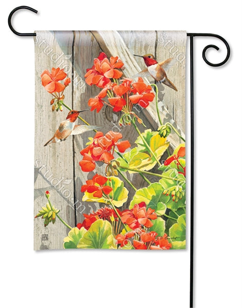 Hummingbirds with Geraniums Garden Flag