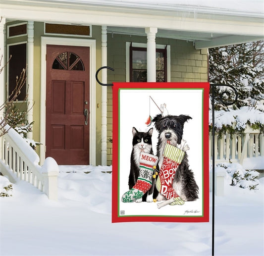 Christmas Dog and Cat Printed Seasonal Garden Flag; Polyester