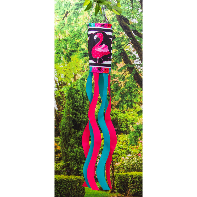 Flamingo Stripes and Flowers Windsock; Polyester 7"ODx38"L