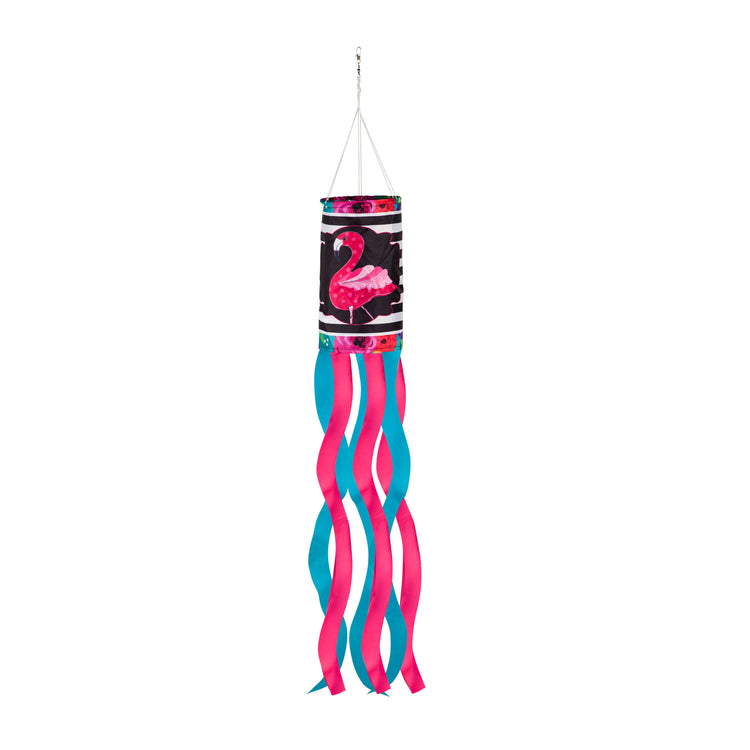 Flamingo Stripes and Flowers Windsock; Polyester 7"ODx38"L