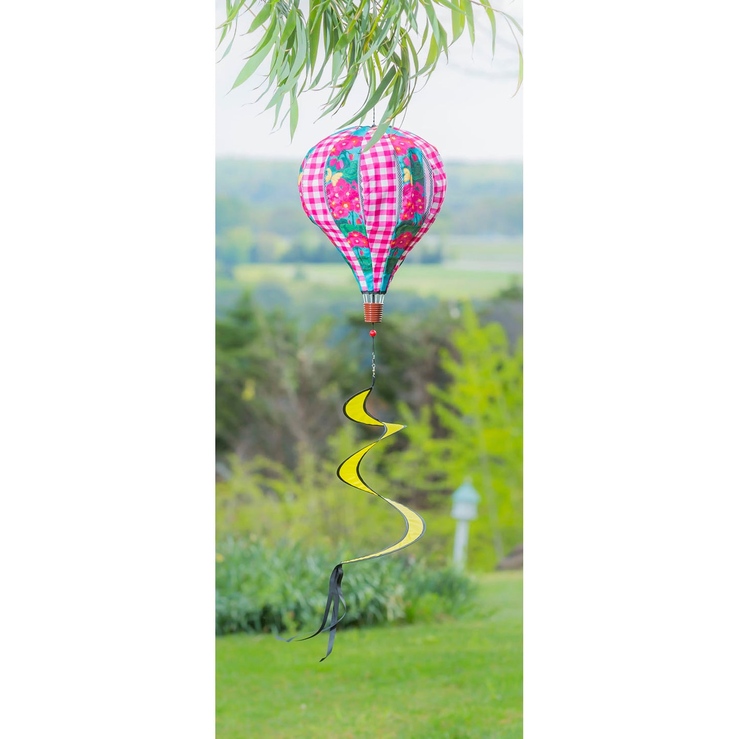 Spring Geraniums Burlap Hot Air Balloon Spinner Windsock; 55"Lx15" Wx15"D