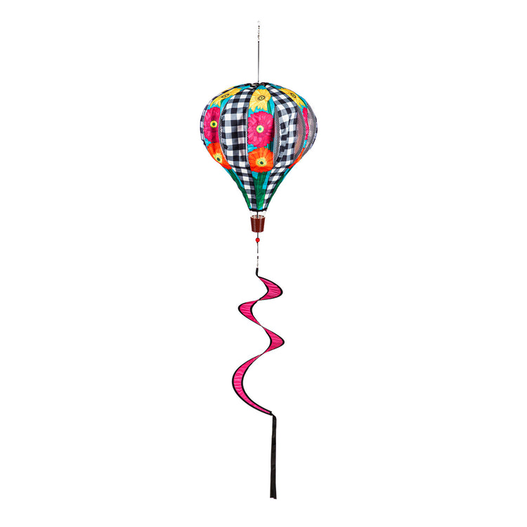 Gerbera Daisy Trio Burlap Hot Air Balloon Spinner Windsock; 55"Lx15" Wx15"D