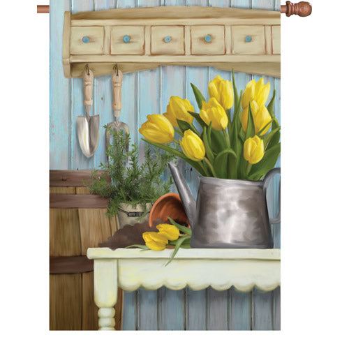 Gardening Shed Tulips Printed Seasonal House Flag; Polyester