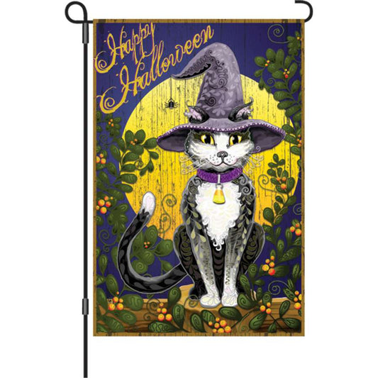 Candy Corn Halloween Cat Printed Seasonal Garden Flag; Polyester
