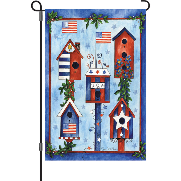 "Red, White, & Blue Patriotic Birdhouse" Printed Seasonal Garden Flag; Polyester
