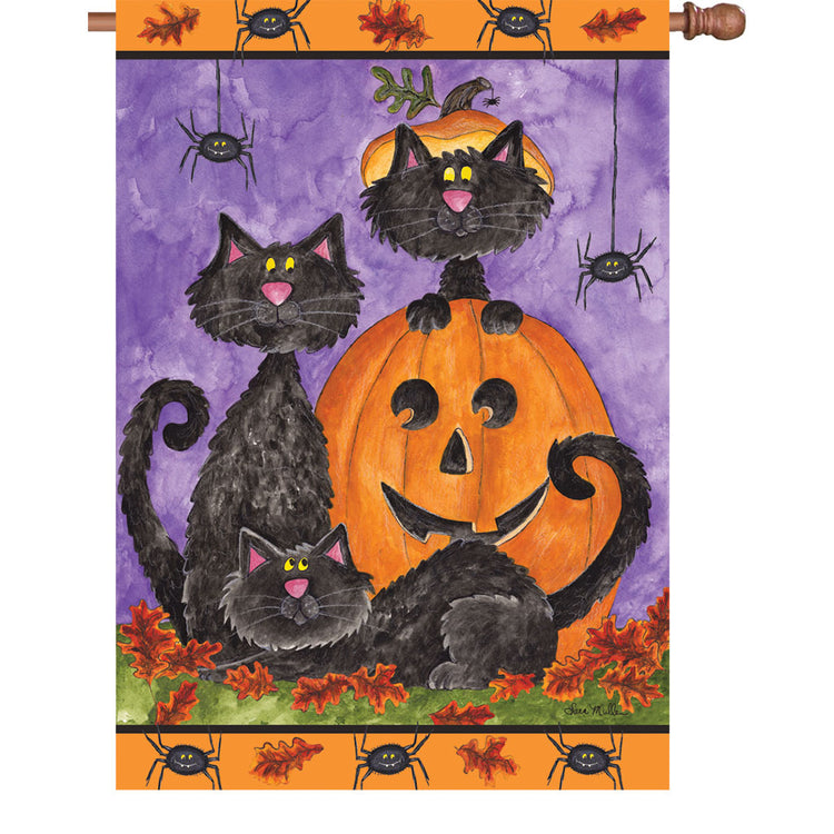 "Three Black Cats" Printed Seasonal House Flag; Polyester