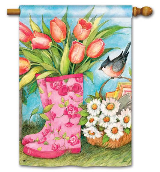 Garden Boots with Tulips Printed Seasonal House Flag; Polyester