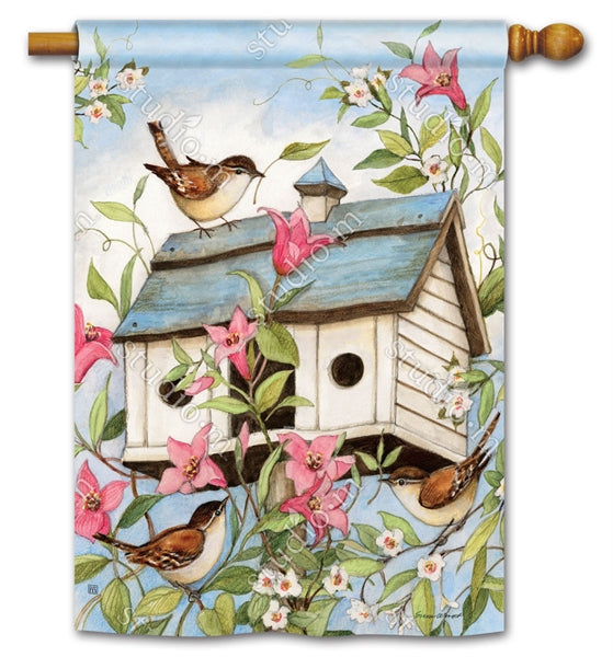 "Spring Birdhouse with Clematis" Printed Seasonal House Flag; Polyester