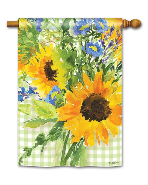 Sunflowers on Gingham Printed Seasonal House Flag; Polyester