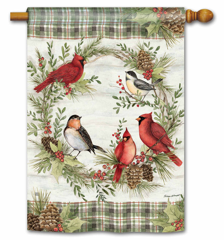 Winter Bird Wreath Printed House Flag; Polyester 28"x40"