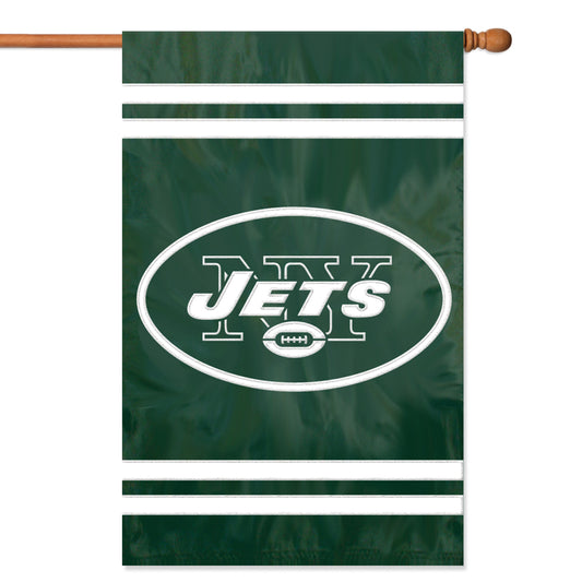 New York Jets Applique/Embroidered Double Sided House Flag with Sleeve & Hang Tabs for Hanging as a House Flag or on a Wall/Door; 420 Denier Nylon -