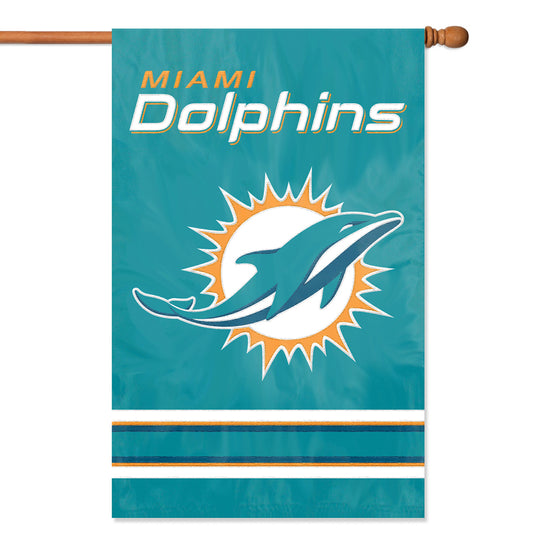 Miami Dolphins Applique/Embroidered Double Sided House Flag with Sleeve & Hang Tabs for Hanging as a House Flag or on a Wall/Door; 420 Denier Nylon -