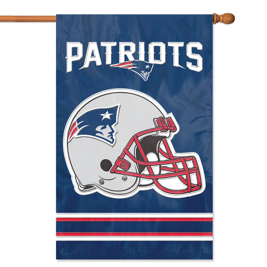 New England Patriots Applique/Embroidered Double Sided House Flag with Sleeve & Hang Tabs for Hanging as a House Flag or on a Wall/Door; 420 Denier Nylon -