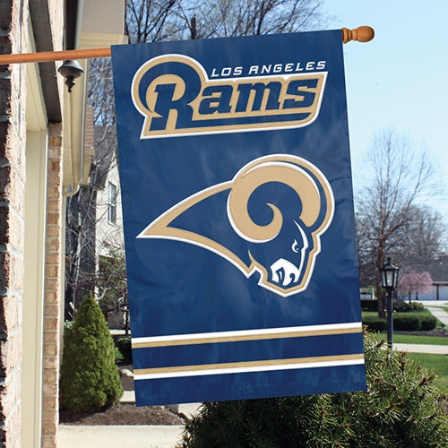 Los Angeles Rams Applique/Embroidered Double Sided House Flag with Sleeve & Hang Tabs for Hanging as a House Flag or on a Wall/Door; 420 Denier Nylon -