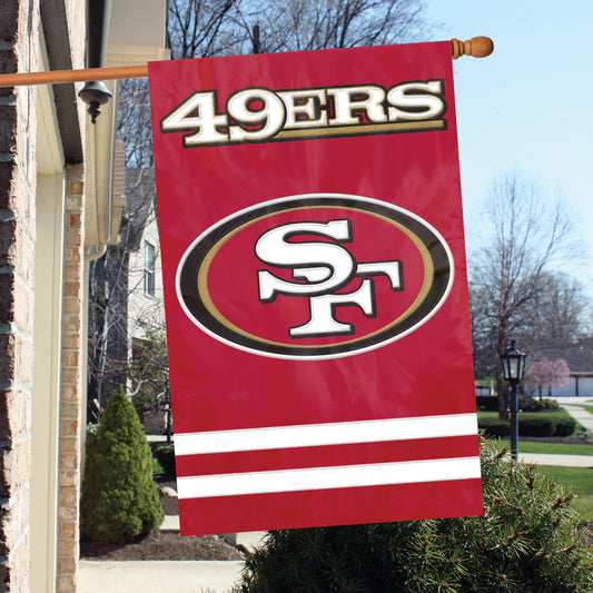 San Francisco 49ers Applique/Embroidered Double Sided House Flag with Sleeve & Hang Tabs for Hanging as a House Flag or on a Wall/Door; 420 Denier Nylon -