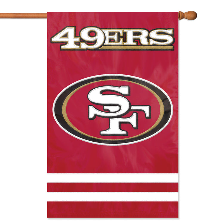 San Francisco 49ers Applique/Embroidered Double Sided House Flag with Sleeve & Hang Tabs for Hanging as a House Flag or on a Wall/Door; 420 Denier Nylon -