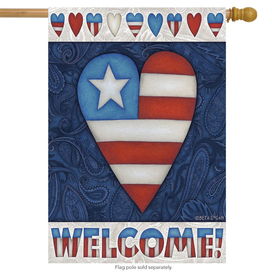 Welcome Patriotic Heart House Flag